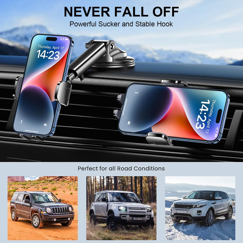 Phone Mount for Car Phone Holder [Military-Grade Suction & Stable Clip] Car Phone Holder Mount Windshield Dashboard