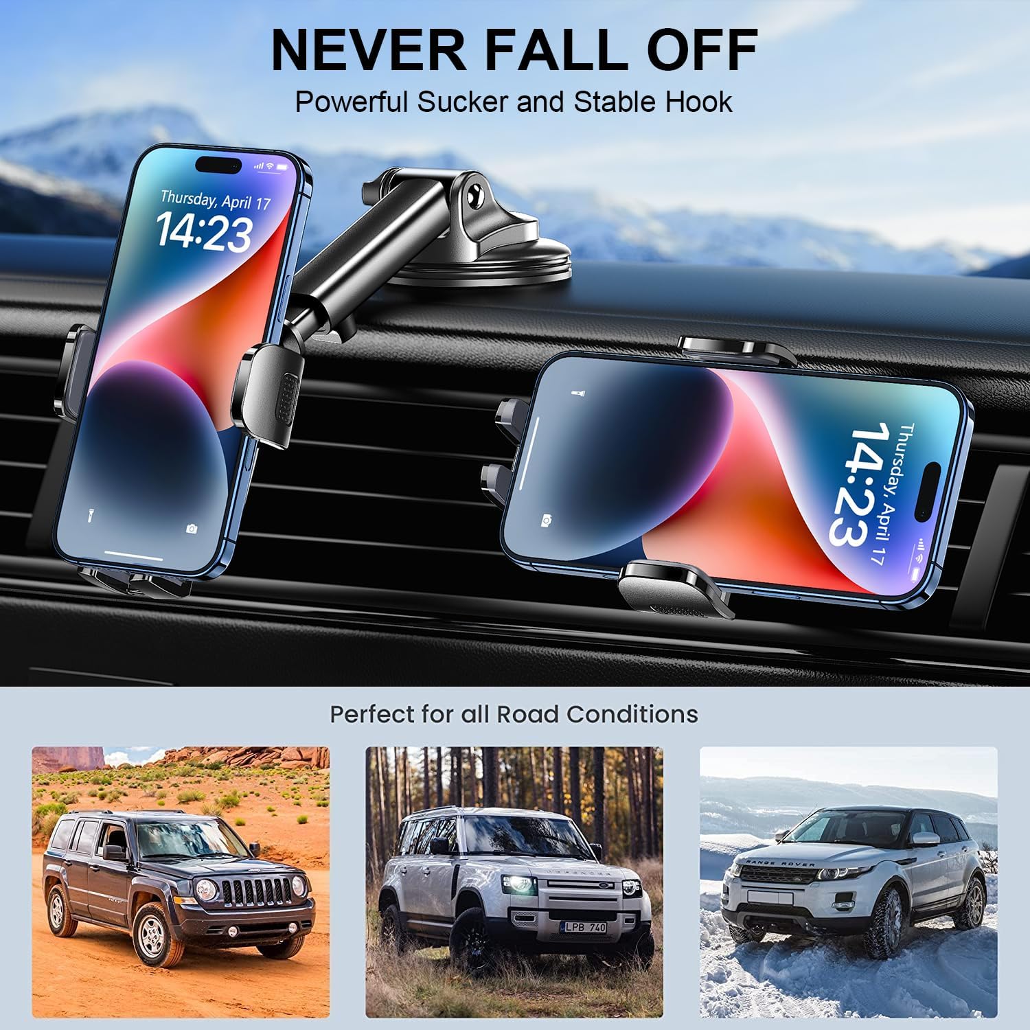 Phone Mount for Car Phone Holder [Military-Grade Suction & Stable Clip] Car Phone Holder Mount Windshield Dashboard