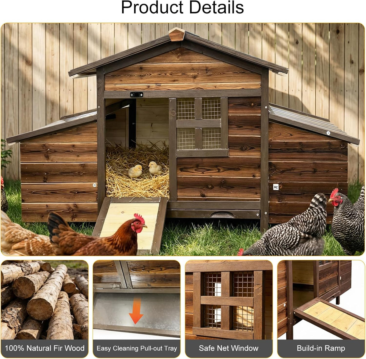 Wooden Chicken Coop, Large Outdoor Hen House with Nesting Boxes, Brown