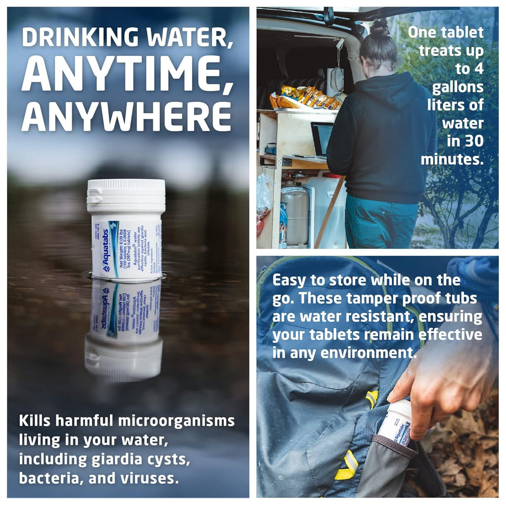 Water Purification Tablets (397mg, 100 Pack). Water Filtration System for Camping, Boating, Emergency Water, Survival