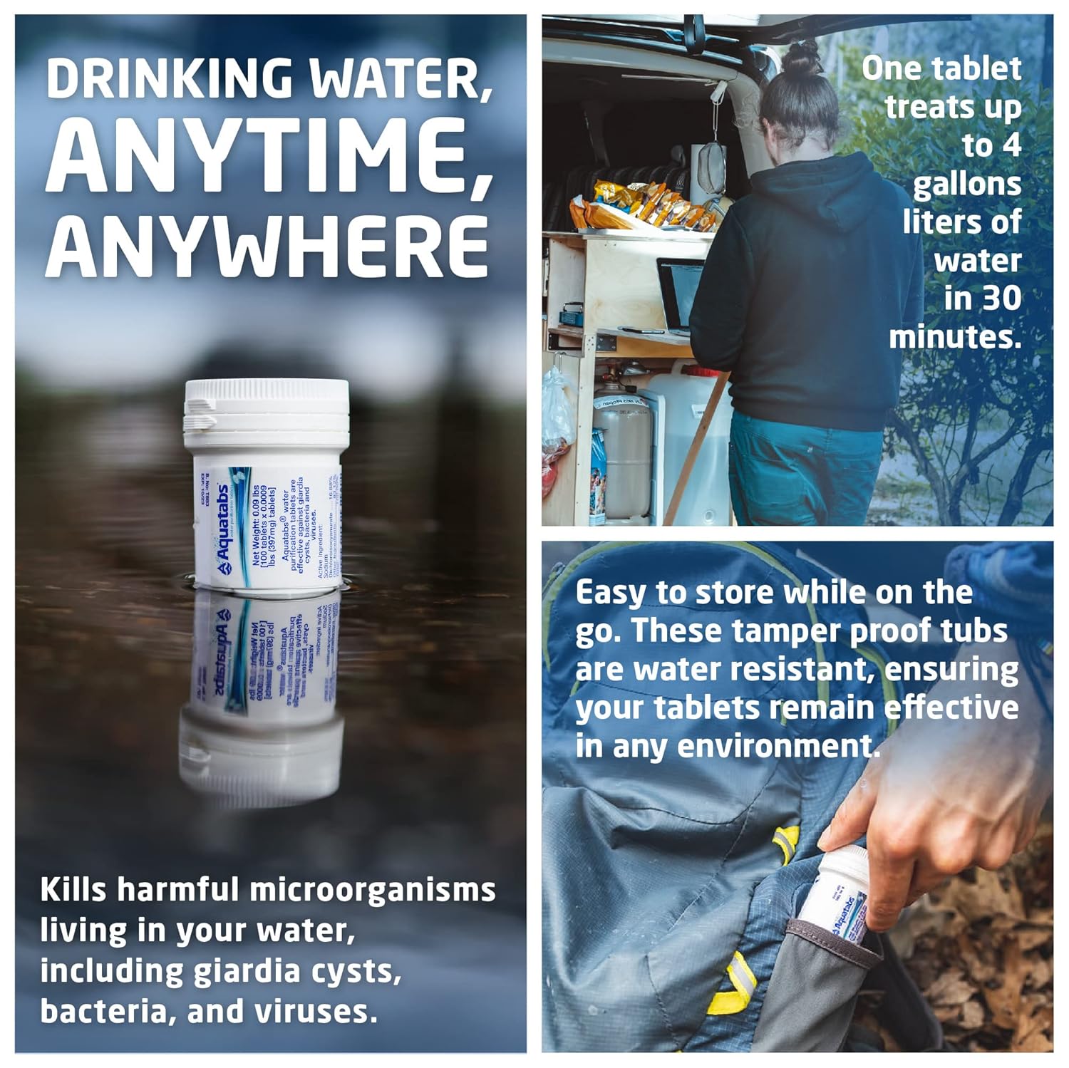 Water Purification Tablets (397mg, 100 Pack). Water Filtration System for Camping, Boating, Emergency Water, Survival