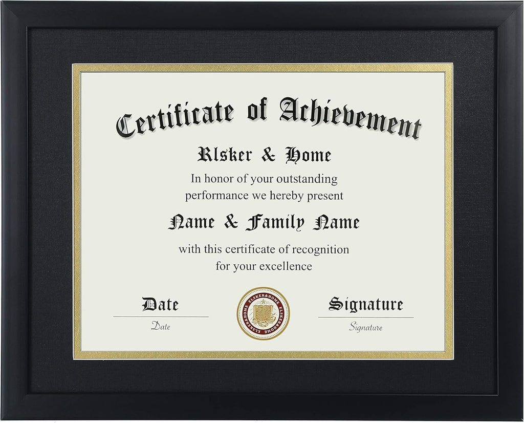 8.5x11 Certificate Frame Black with Black Mat Gold Rim | Displays Diploma 8.5x11 Inch with Mat - 11x14 Inch Without