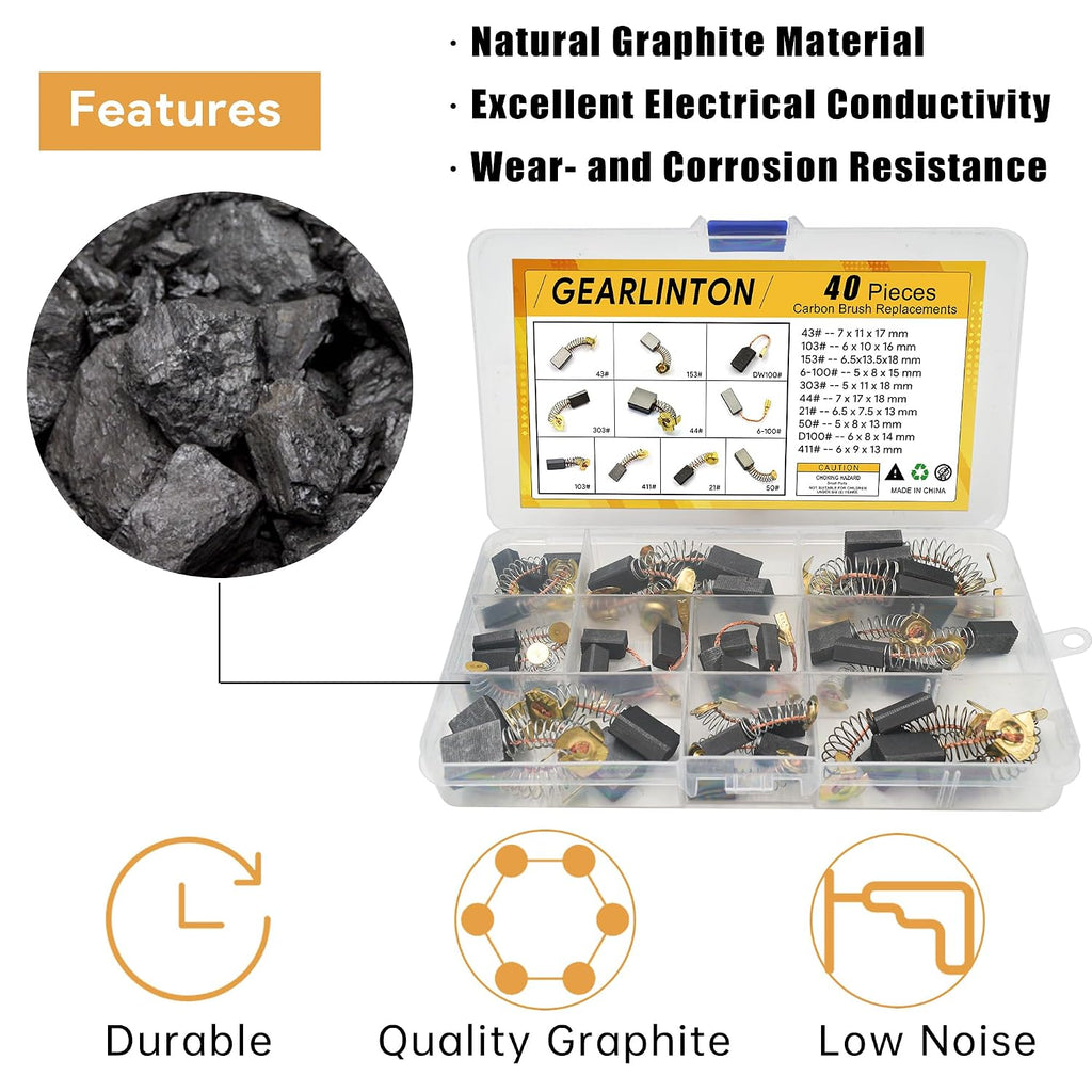 Electric Motor Carbon Brushes, Set of 40 Pcs in 10 Sizes