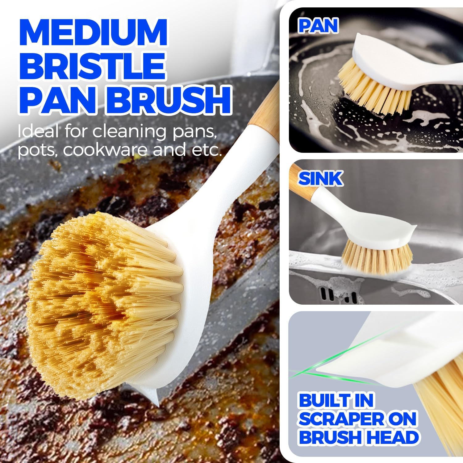 3 Pack Dish Brush Set with Bamboo Handle, Kitchen Brushes for Cleaning Pot, Sink and Stove, Skillet Scrubber with
