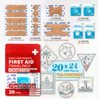 Travel Bandage Pack | 24 Individual Packets, Bulk Portable Mini First Aid Kit with 20 On-the-Go Essentials | Compact