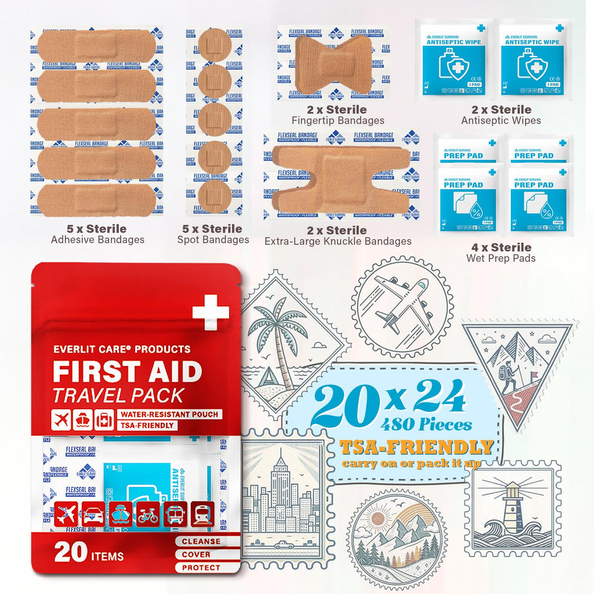Travel Bandage Pack | 24 Individual Packets, Bulk Portable Mini First Aid Kit with 20 On-the-Go Essentials | Compact
