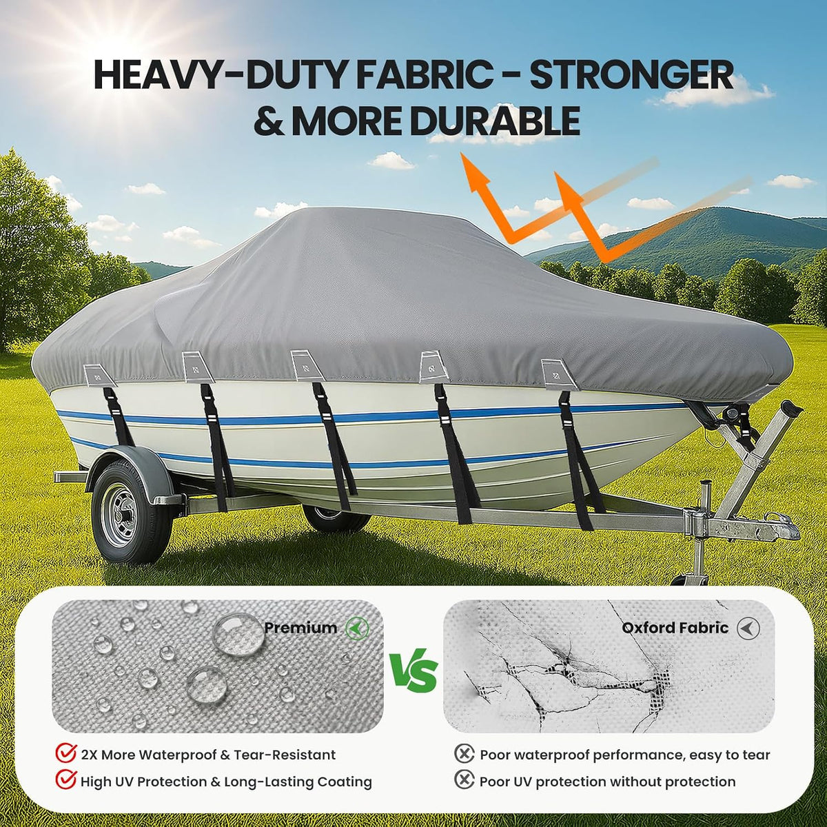 Heavy Duty 1200D Boat Cover for 14-16 FT V-Hull Boats, Marine Grade Trailerable Boat Cover with Adjustable Straps, UV