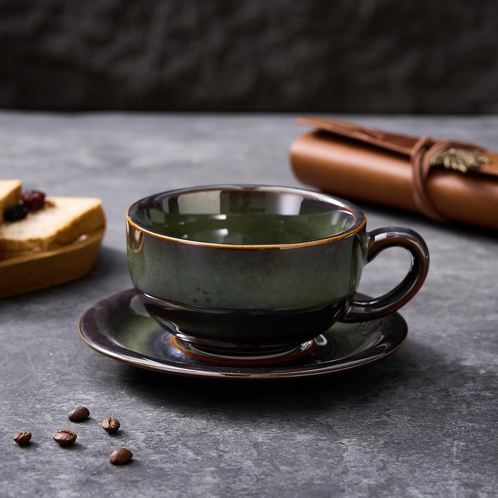 Vintage Design 12 oz Ceramic Latte Art Cappuccino Barista Cup with Saucer (Sea Grey)