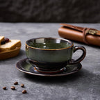 Vintage Design 12 oz Ceramic Latte Art Cappuccino Barista Cup with Saucer (Sea Grey)