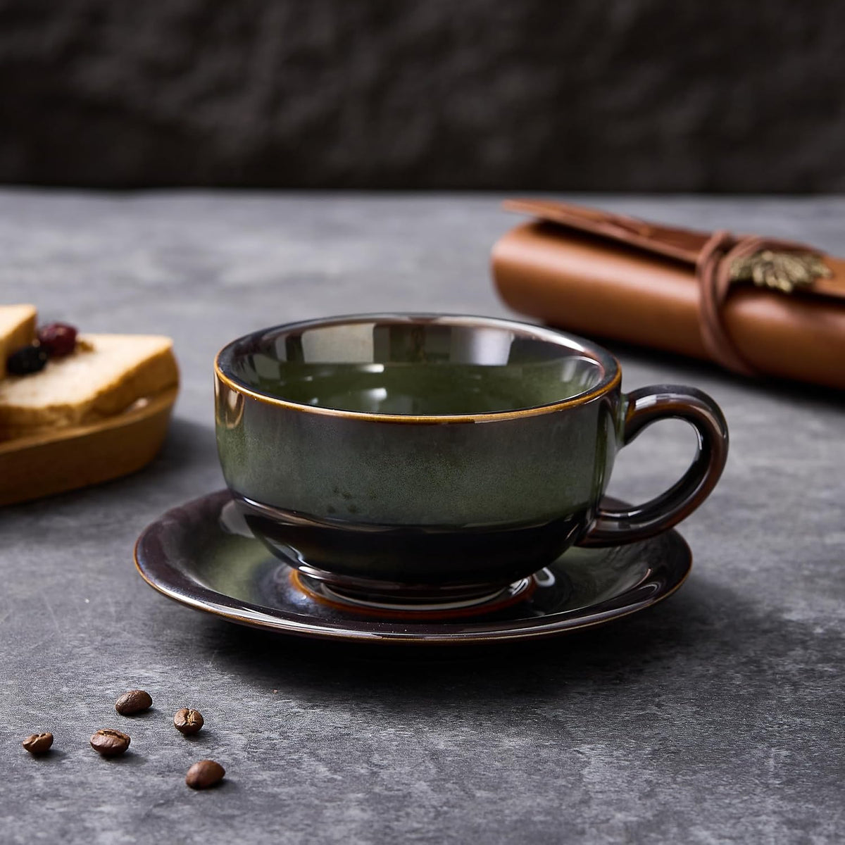 Vintage Design 12 oz Ceramic Latte Art Cappuccino Barista Cup with Saucer (Sea Grey)