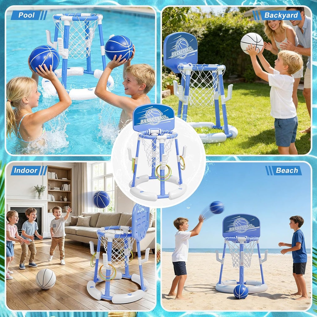 2 in 1 Pool Basketball Hoop with Backboard & Ring Toss Game,Floating Pool Toys with 4 Balls 8 Rings&Pump Summer Water