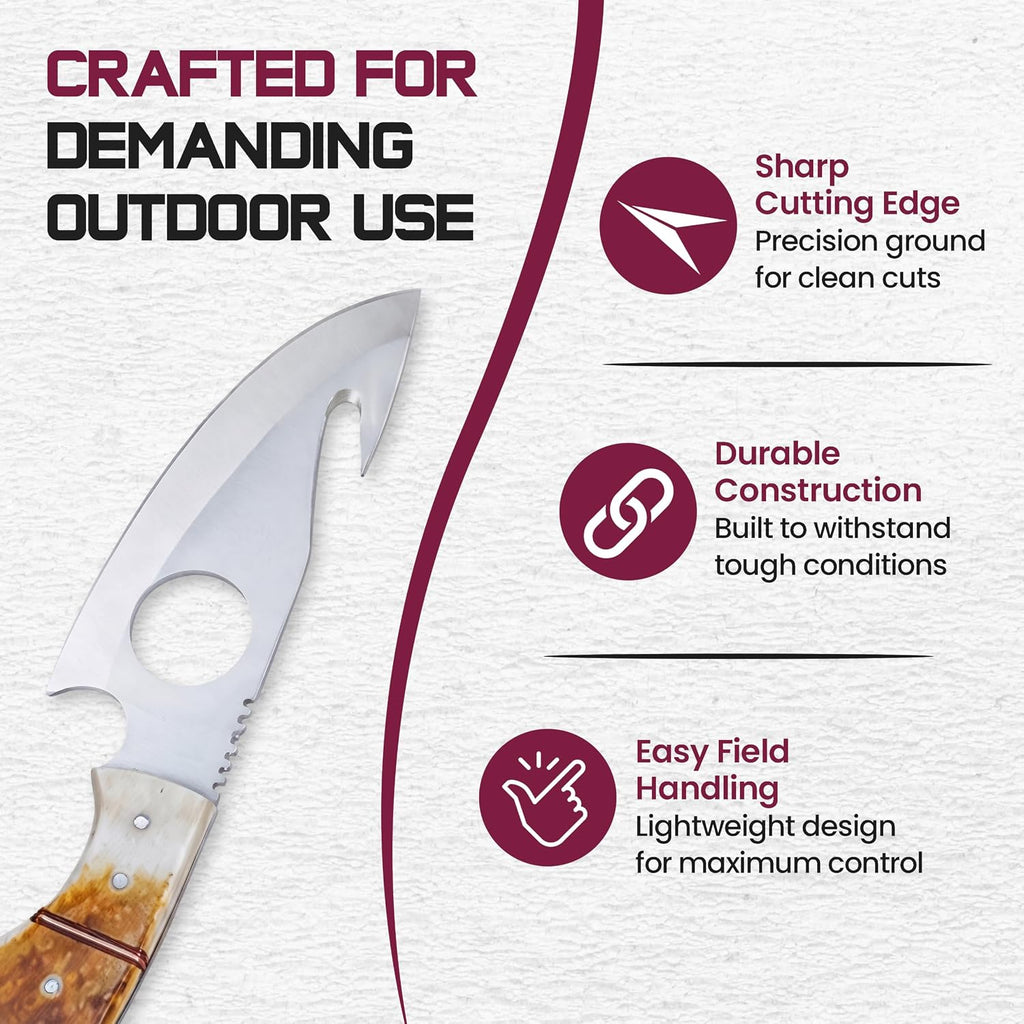 Full Tang Hunting Knife with Bone Handle | Fixed Blade Knife with Gut Hook | Skinning Knife for Camping, Outdoor