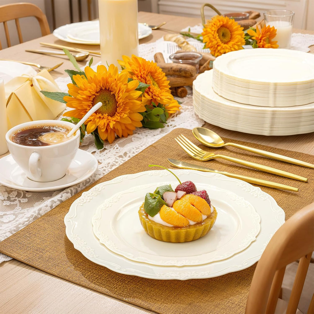 100 Pcs Ivory Plastic Plates for Party - Ivory Disposable Plates