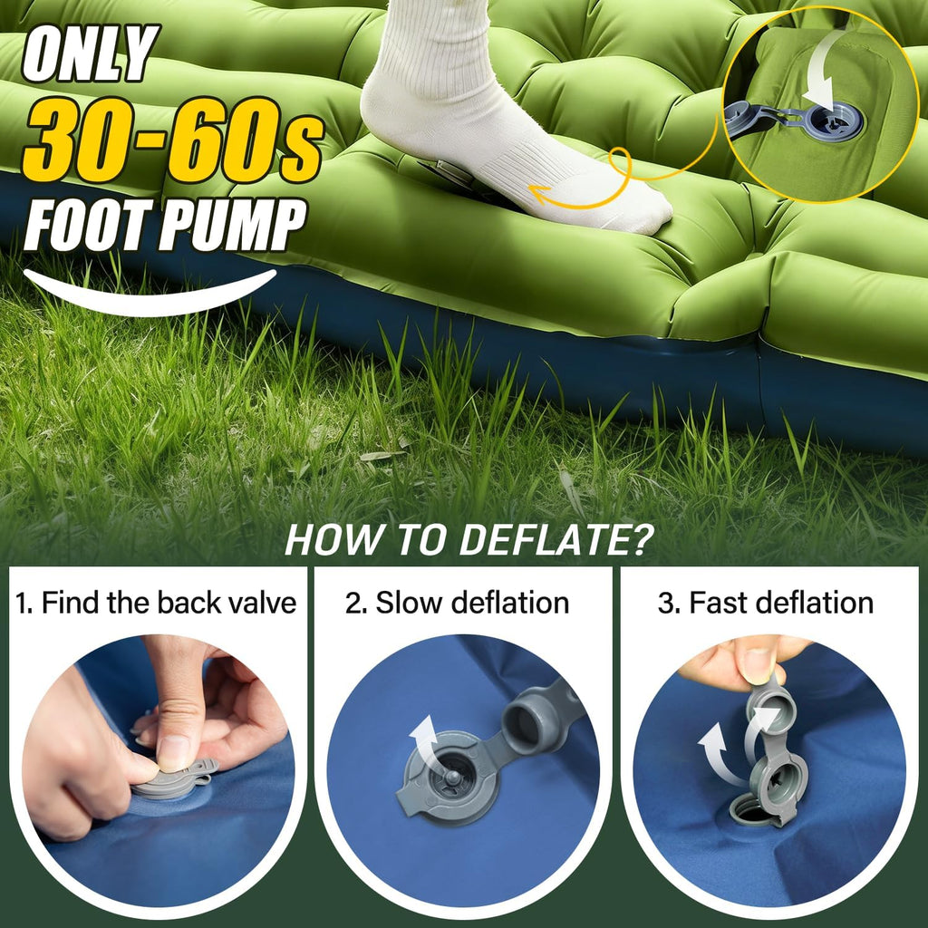 Double Sleeping Pad - Self Inflating 4" Extra-Thick for 2 Person with Pillow Built-in Foot Pump Inflatable Sleeping