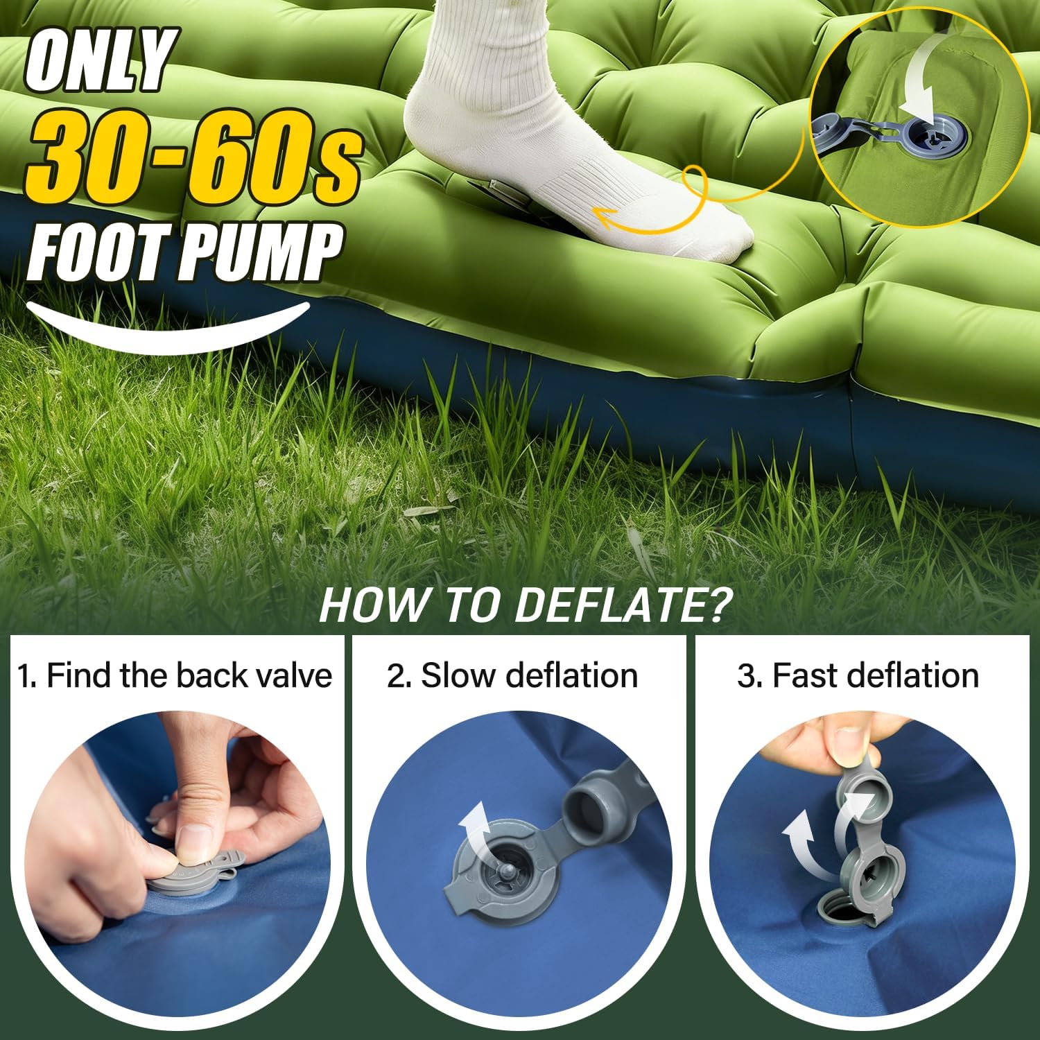 Double Sleeping Pad - Self Inflating 4" Extra-Thick for 2 Person with Pillow Built-in Foot Pump Inflatable Sleeping