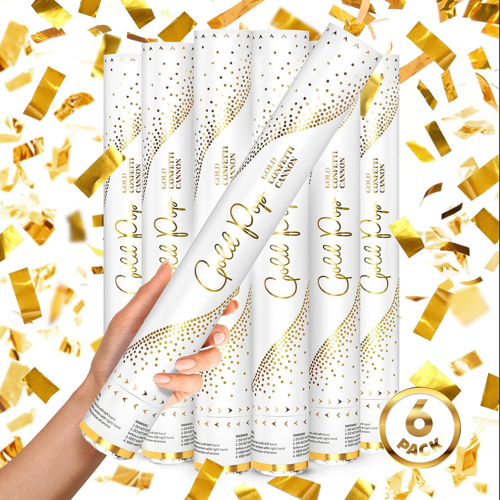 16" GOLD Confetti Poppers [6 Pack] BIODEGRADABLE GOLD Confetti Cannon, Rose Gold Compressed Air Party Poppers, Loud Pop