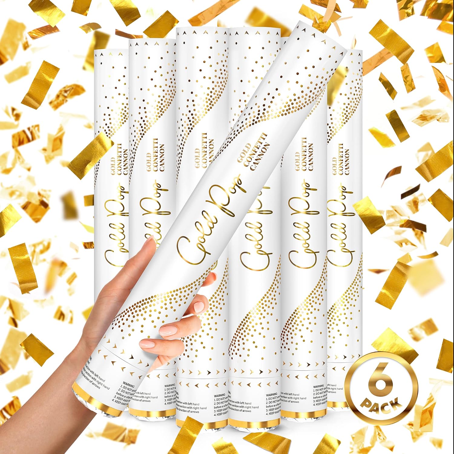 16" GOLD Confetti Poppers [6 Pack] BIODEGRADABLE GOLD Confetti Cannon, Rose Gold Compressed Air Party Poppers, Loud Pop