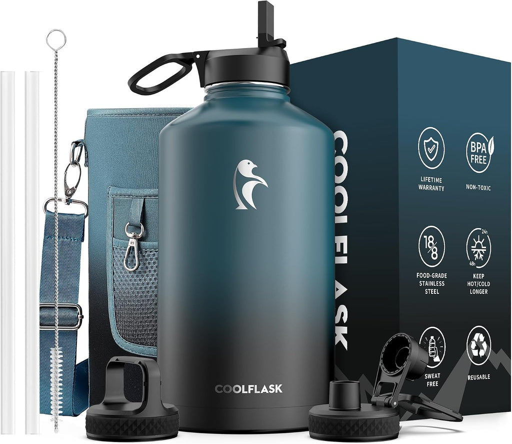 128 oz Gallon Water Bottle Insulated with Straw & 3 Leakproof Lid | Large Water Jug Stainless Steel Triple-Wall, Cold