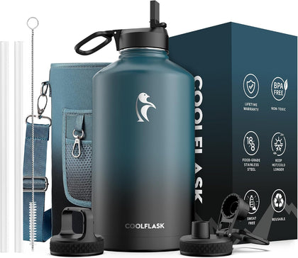 128 oz Gallon Water Bottle Insulated with Straw & 3 Leakproof Lid | Large Water Jug Stainless Steel Triple-Wall, Cold