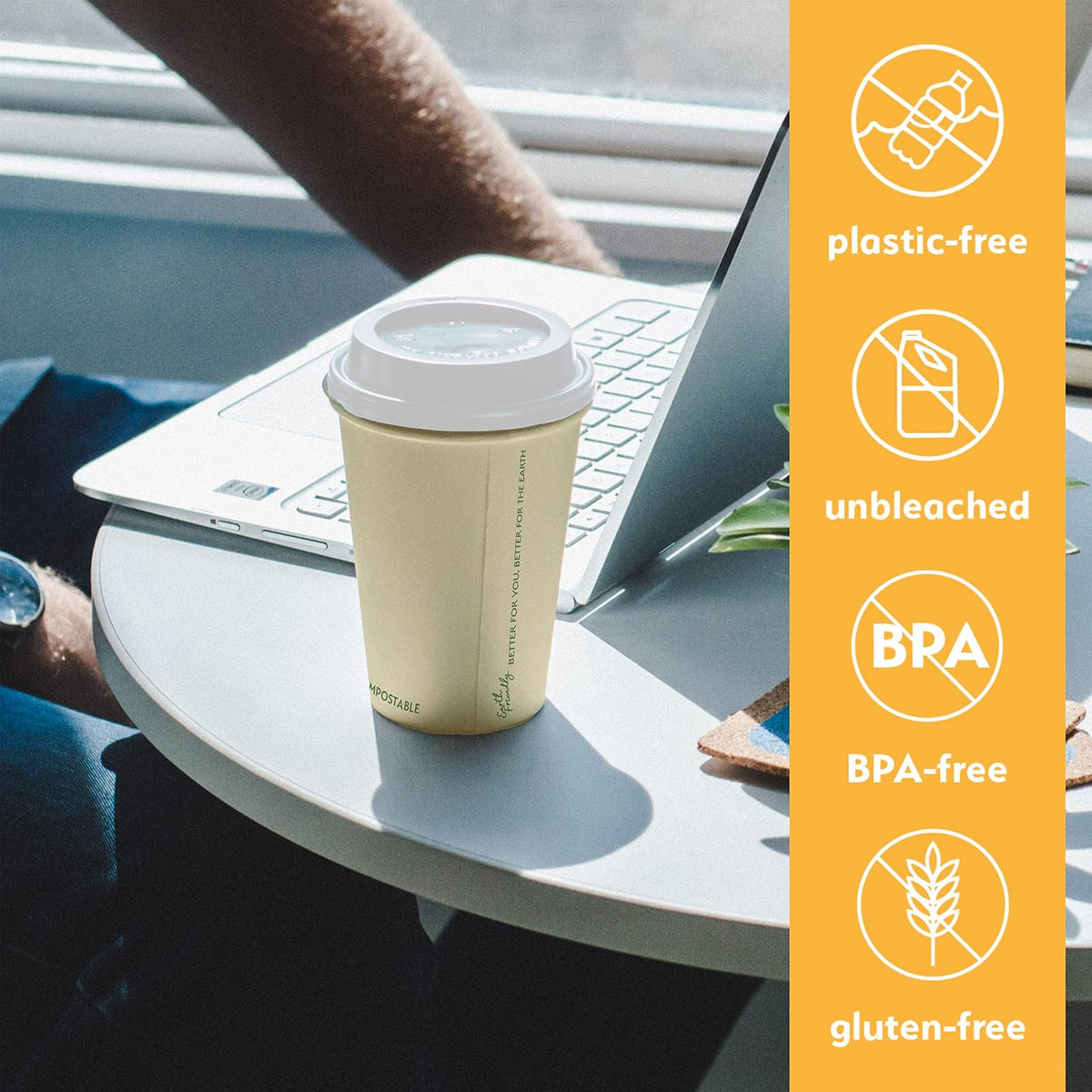 100% Compostable Disposable Coffee Cups with Lids 12oz 80 Set Paper Cups Made from Unbleached Bamboo Fiber