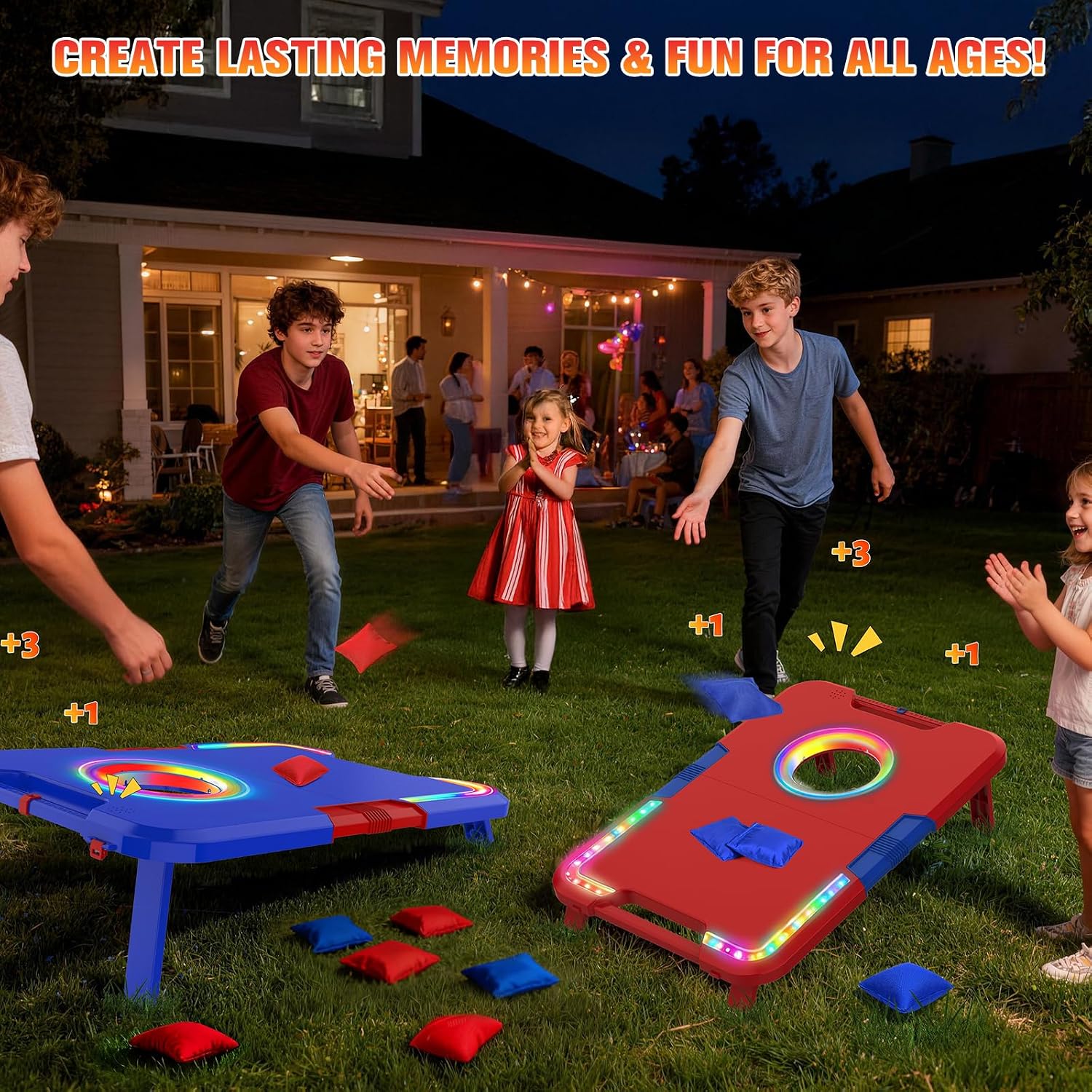 Portable Cornhole Board Set with LED Lights, Scoring & Sound Effects | 2 Foldable Boards & 8 Bean Bags for Backyard