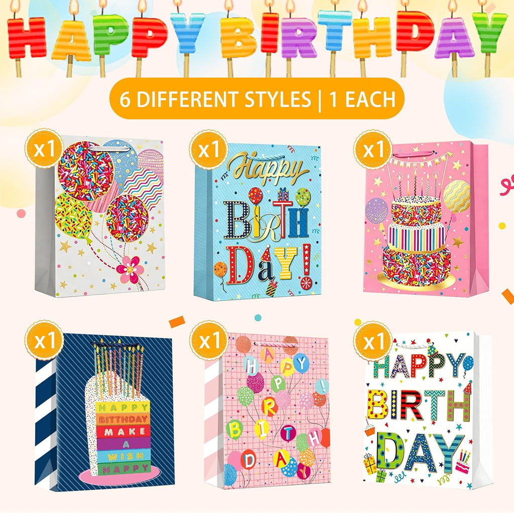 Small Birthday Gift Bags, 6 Pack, 9 x 7 x 4 Inch