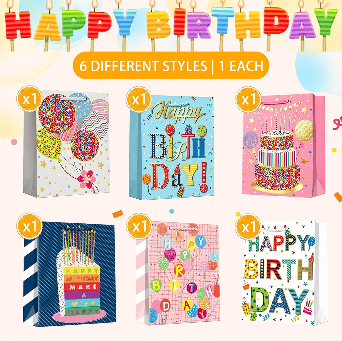 Small Birthday Gift Bags, 6 Pack, 9 x 7 x 4 Inch