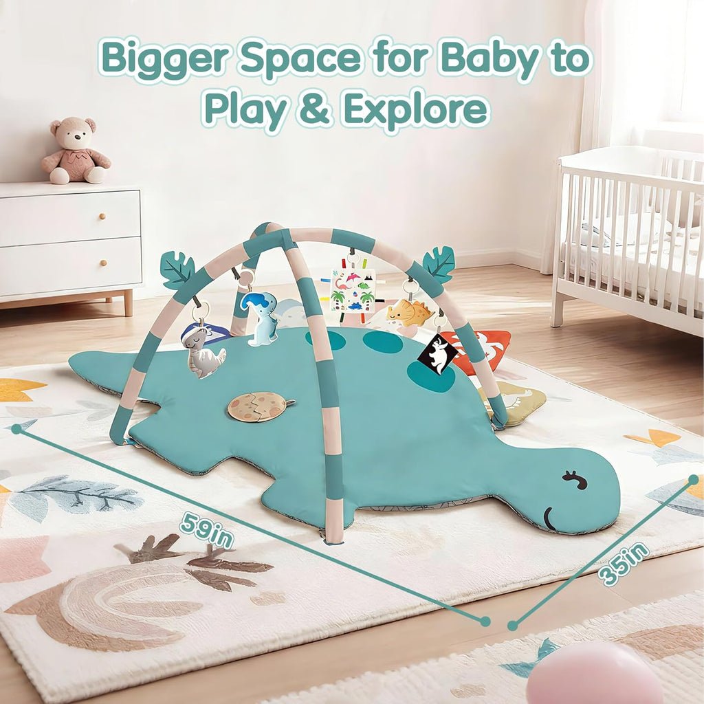 Baby Tummy Time Mat, Oversize Dinosaur Shaped Baby Play Gym Mat with 6 Toys, Play Mat for Babies 0-6-12 Months