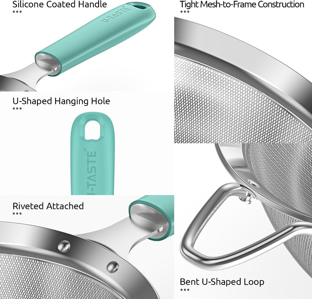 U-Taste Fine Mesh Strainer, 18/8 Stainless Steel Sieve 30 Mesh, M/Aqua Sky