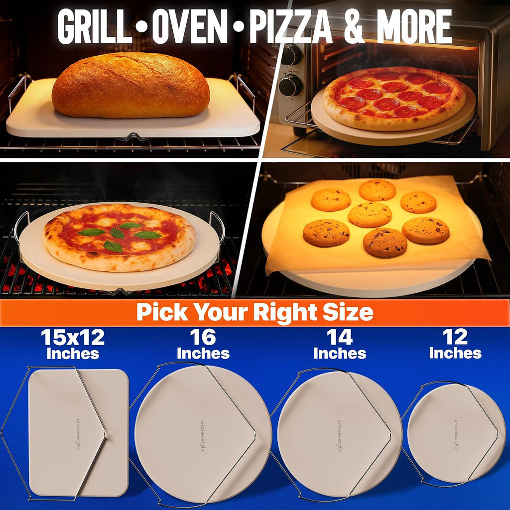 12-inch Pizza Stone for Oven and BBQ Grill with Handles, Round, 5/8" Thick - Natural Cordierite, 1800 °F Resistant