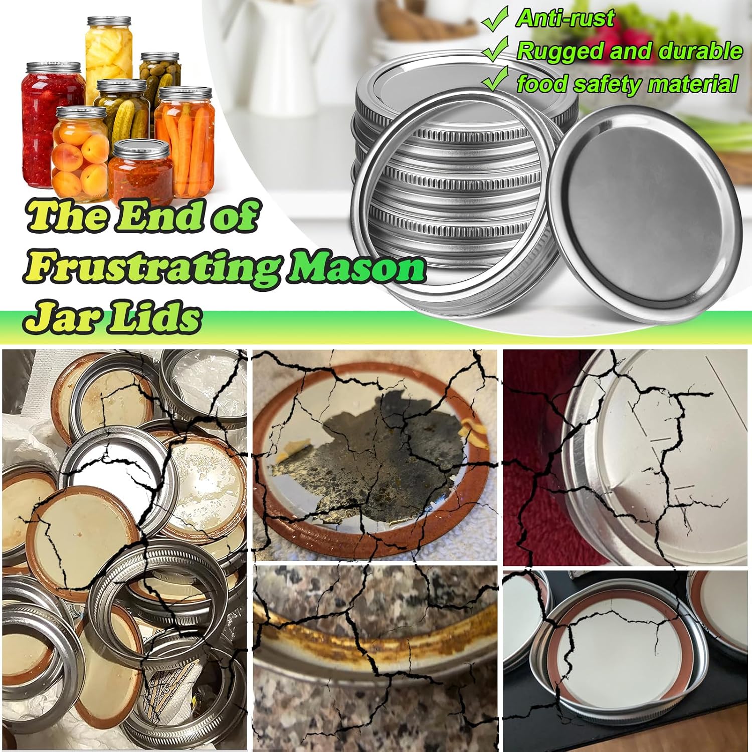 Stainless Steel Regular Mouth Canning Lids and Rings, Airtight/Rustproof Mason Jar Lids with Bands Set of 4