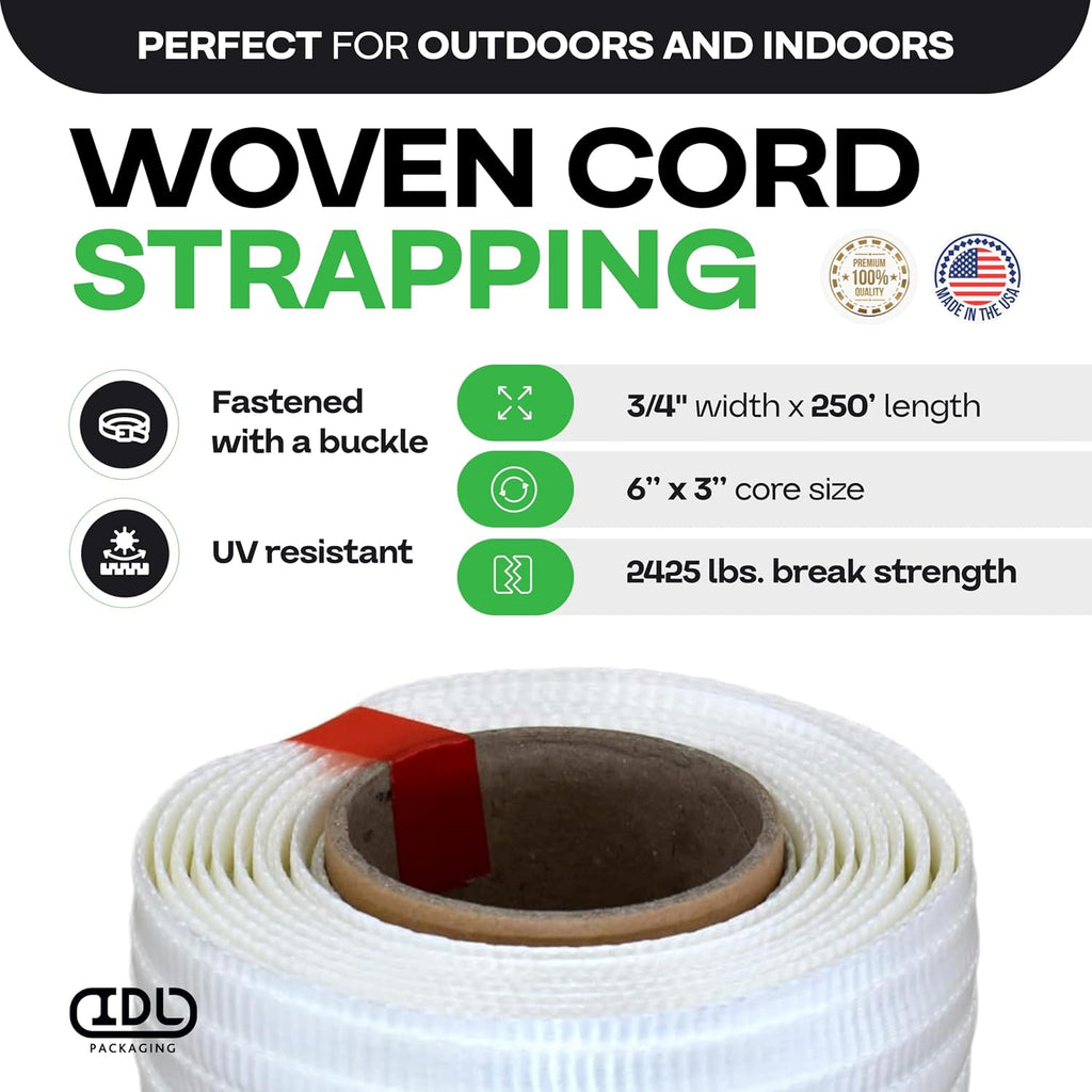 Woven Cord Strapping Roll 3/4" x 250', 2425 lbs - USA-Made