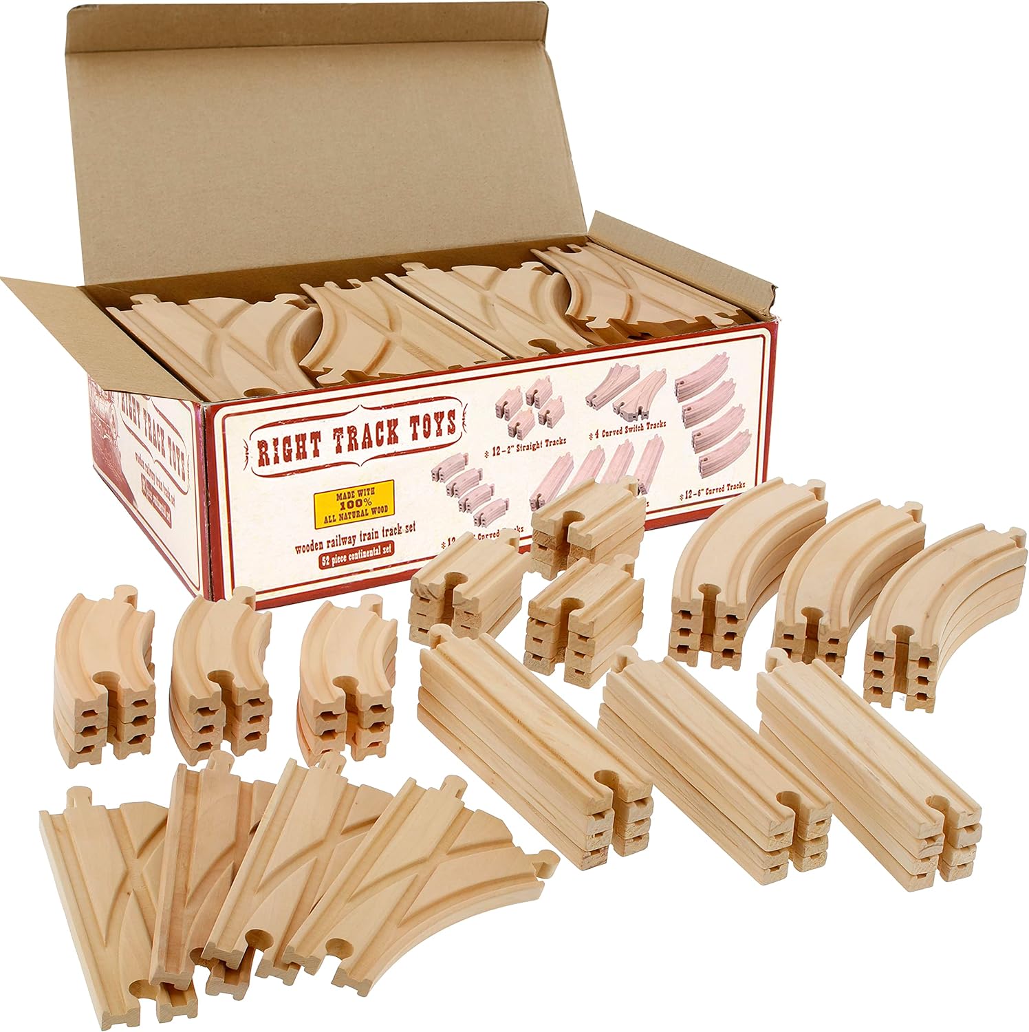 Wooden Train Track 52 Piece Set-18 Feet Of Track Expansion - 5 Distinct Pieces - 100% Compatible with All Major