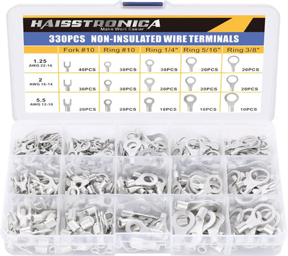 330PCS Non-Insulated Ring and Fork Terminals, 22-10 AWG | Battery and Stud Connections, Thick Tinned Copper