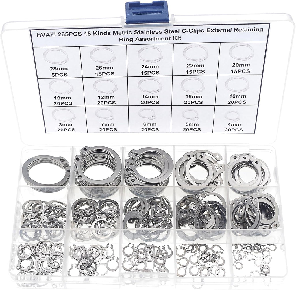 265PCS Metric 304 Stainless Steel C-Clips External Retaining Ring Kit