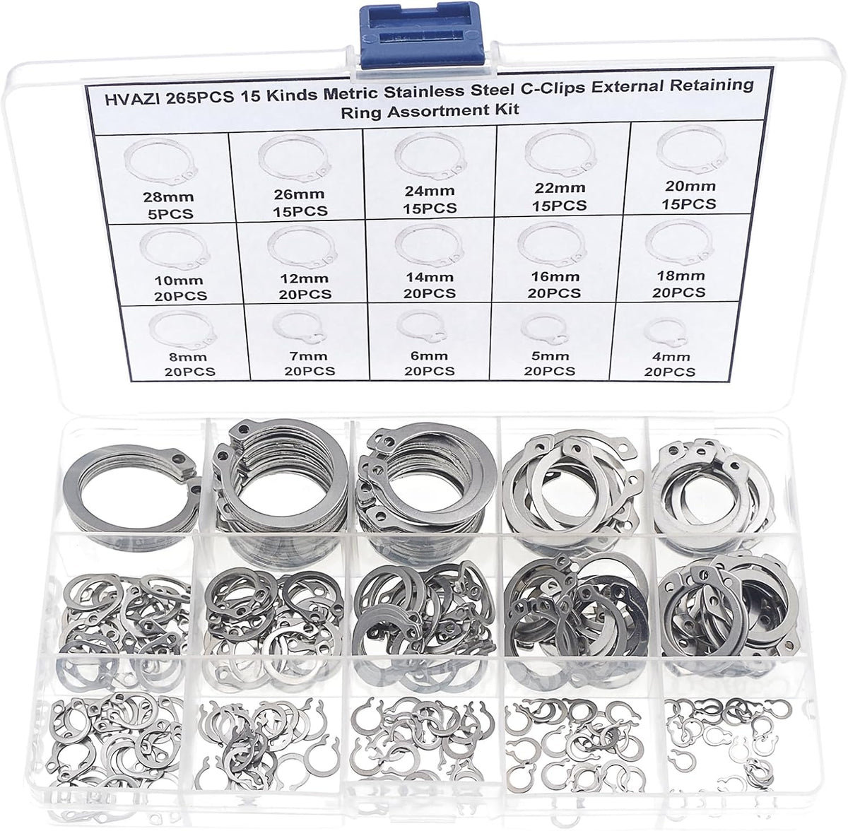 265PCS Metric 304 Stainless Steel C-Clips External Retaining Ring Kit