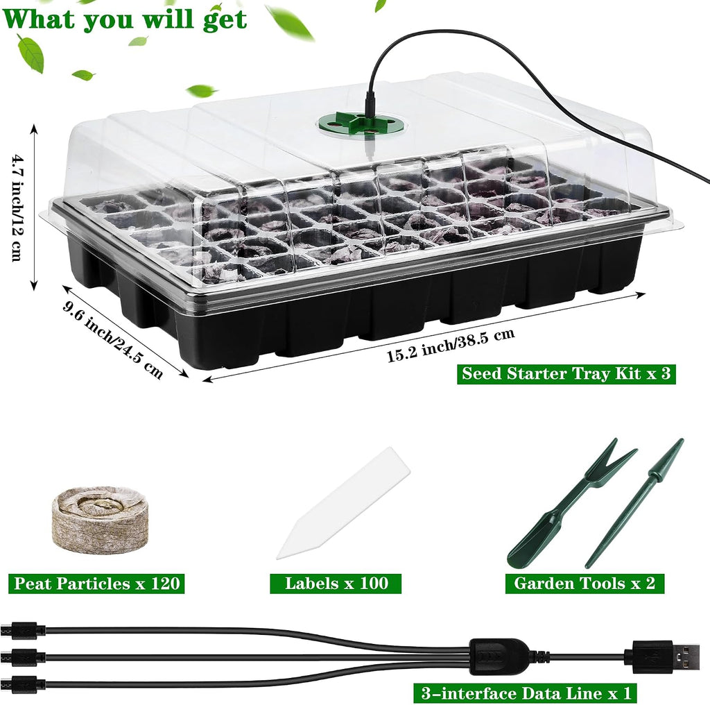 3 Pack Seed Starter Tray Kit with Grow Light Germination Trays with Humidity Dome, 120 Peat Pellets, Gardening Tools
