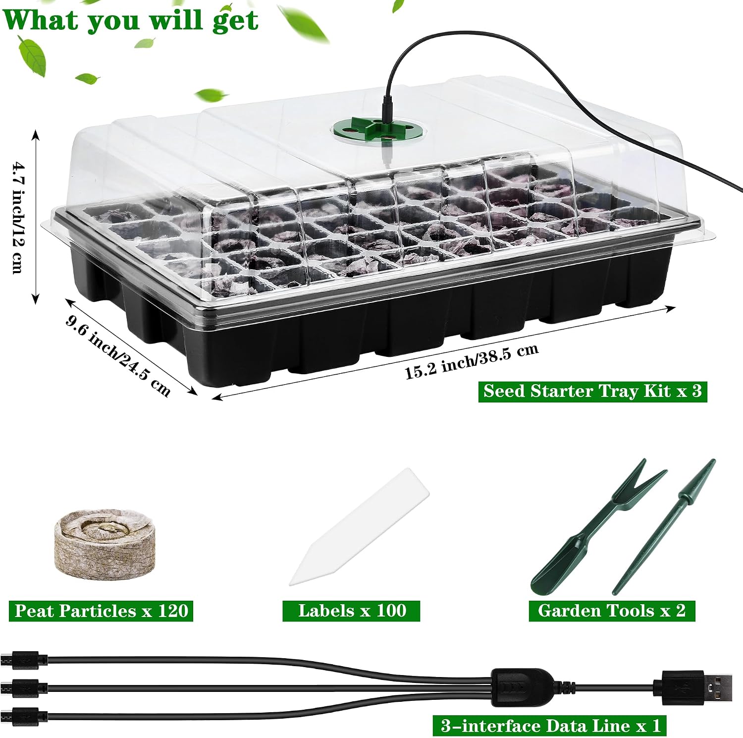 3 Pack Seed Starter Tray Kit with Grow Light Germination Trays with Humidity Dome, 120 Peat Pellets, Gardening Tools