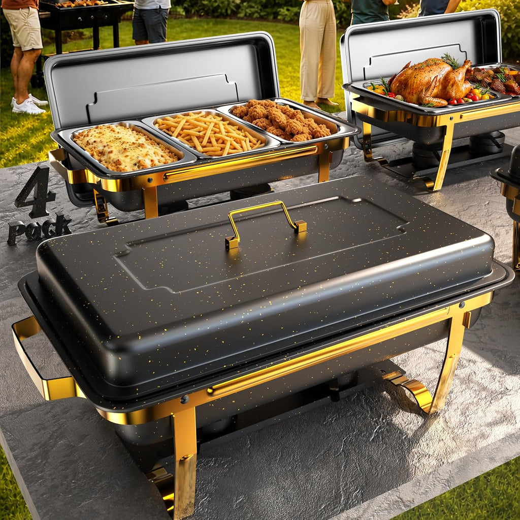 11Qt Chafing Dishes for Buffet, No Any Screws, 4 Pack, Black & Gold