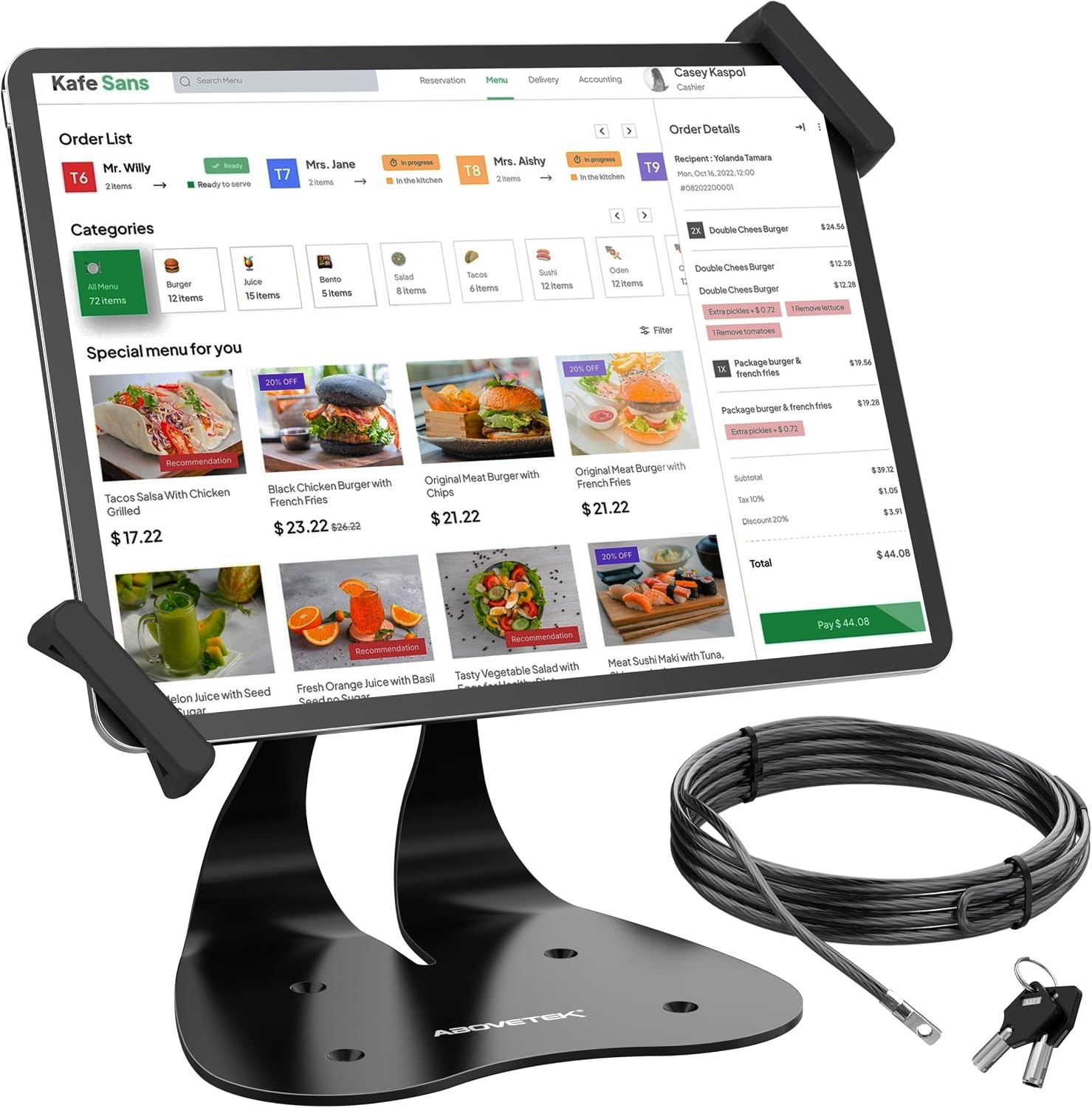 Anti-Theft iPad Kiosk Stand, 360° Swivel POS Tablet Mount with Security Cable & Key, Fits 7–13-inch iPad & Samsung