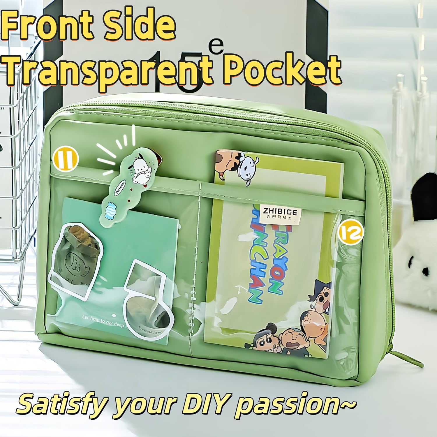 Kawaii Cute Pencil Pouch Aesthetic Standing Pencil Case (Green) | Large Capacity Stand Up Pencil Case, Cute Japanese