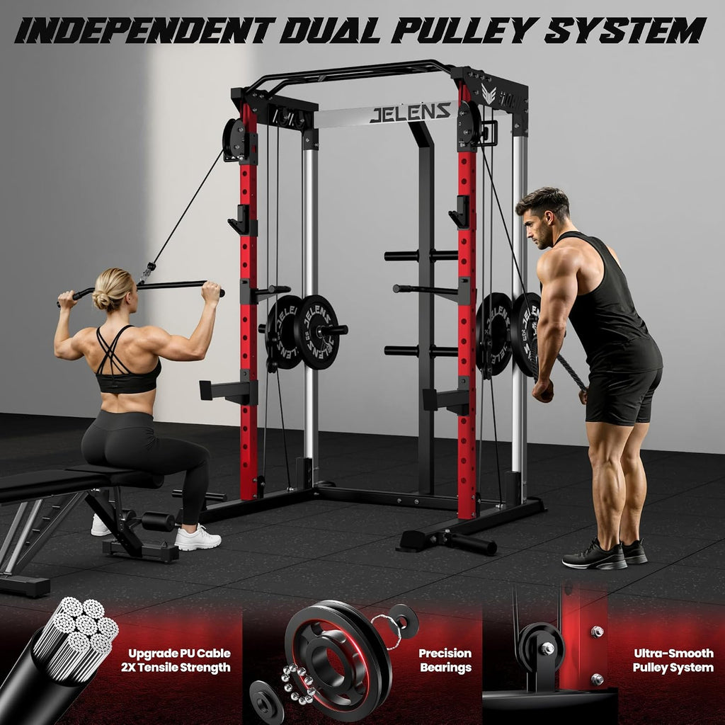 C21 Power Cage, 2000LBS Multi-Function Power Rack with Independent Dual Pulley System, All-in-One Squat Rack for