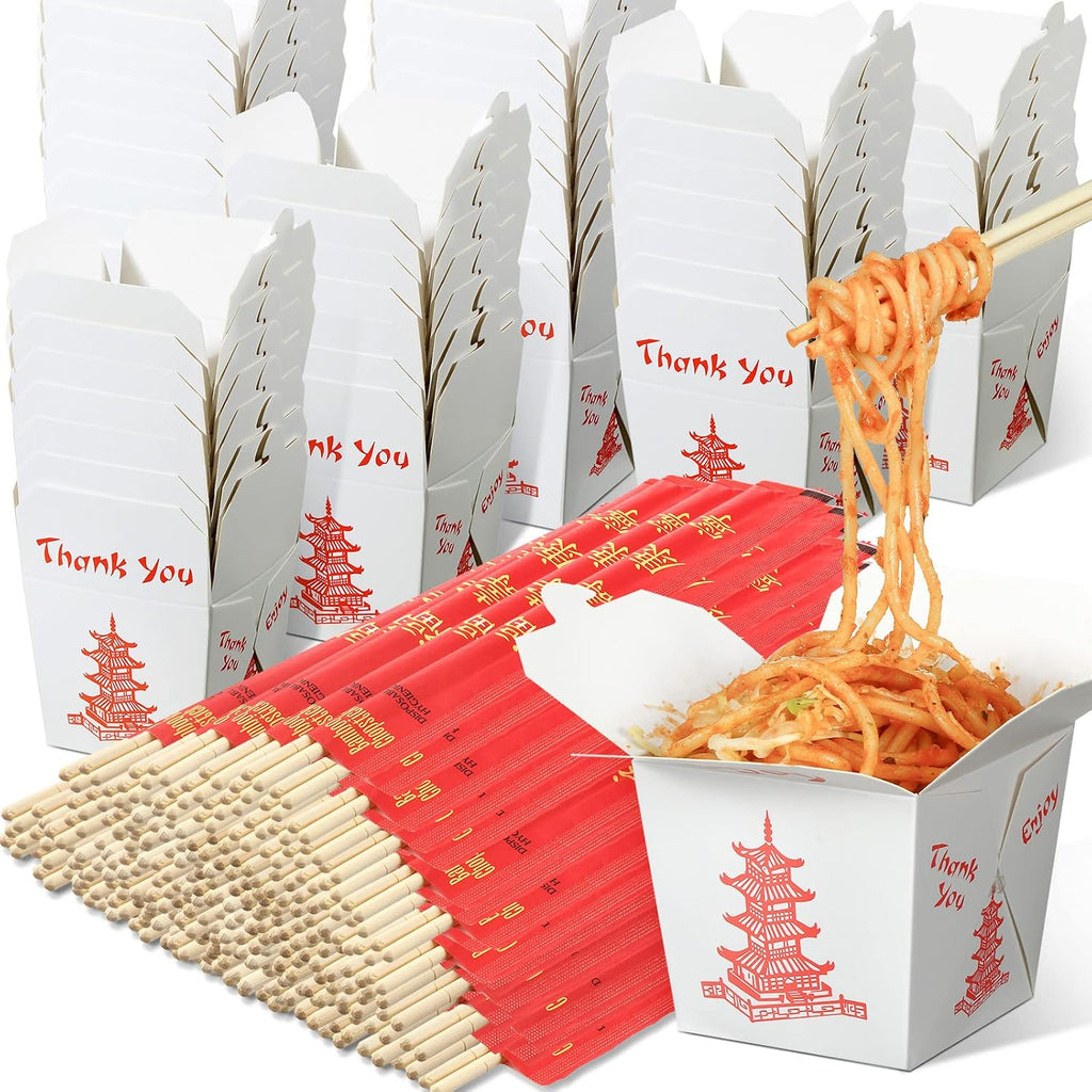 200 Sets 8 oz Chinese Take Out Boxes with Disposable Chopsticks