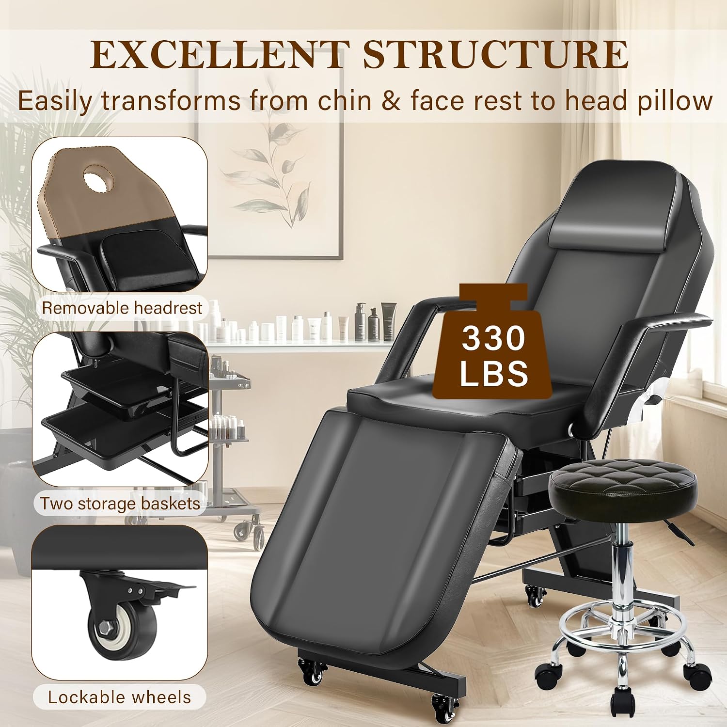 Tattoo Chairs for Client Facial Bed, Black Esthetician Bed with Wheels, Tilting Massage Lash Table for Artist with