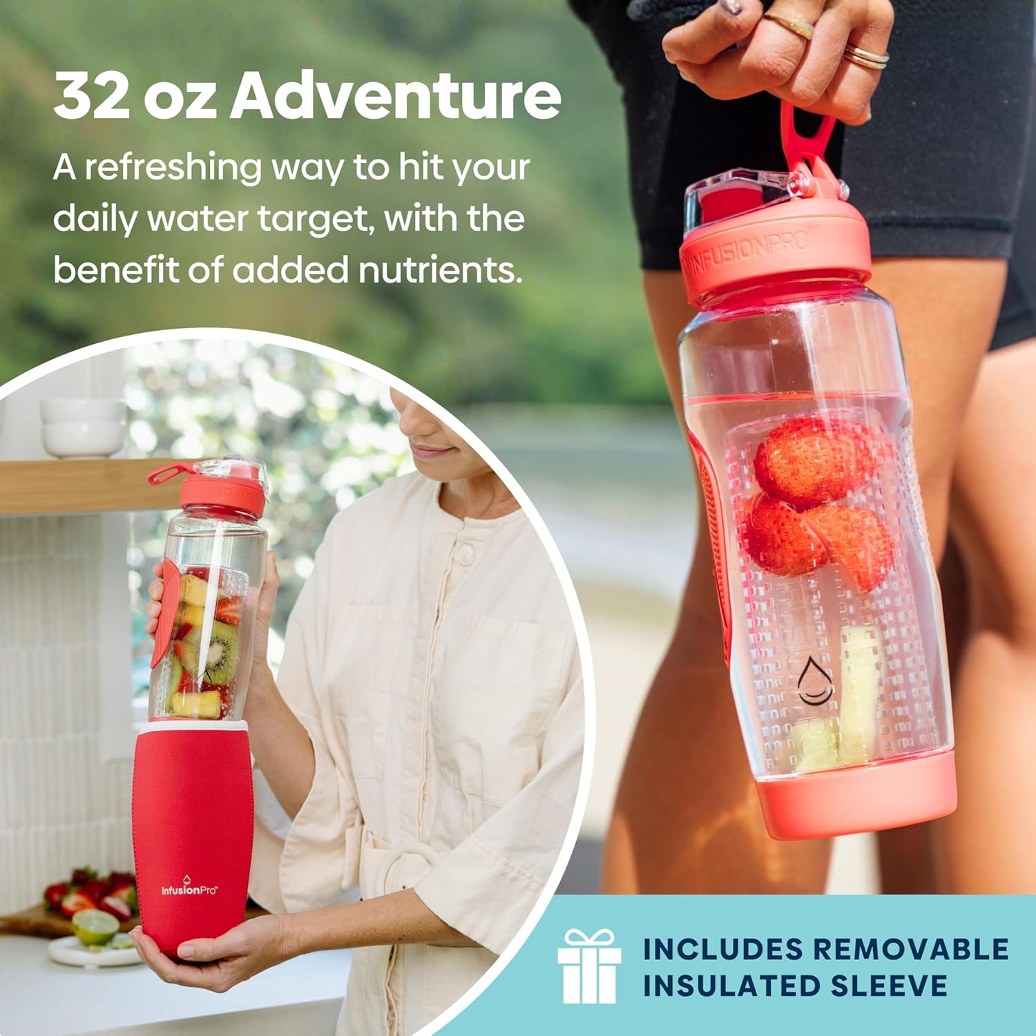 32 oz Fruit Infuser Water Bottle with Insulated Sleeve & 50 Recipe Fruit Infusion Water eBook : Bottom Loading, Large