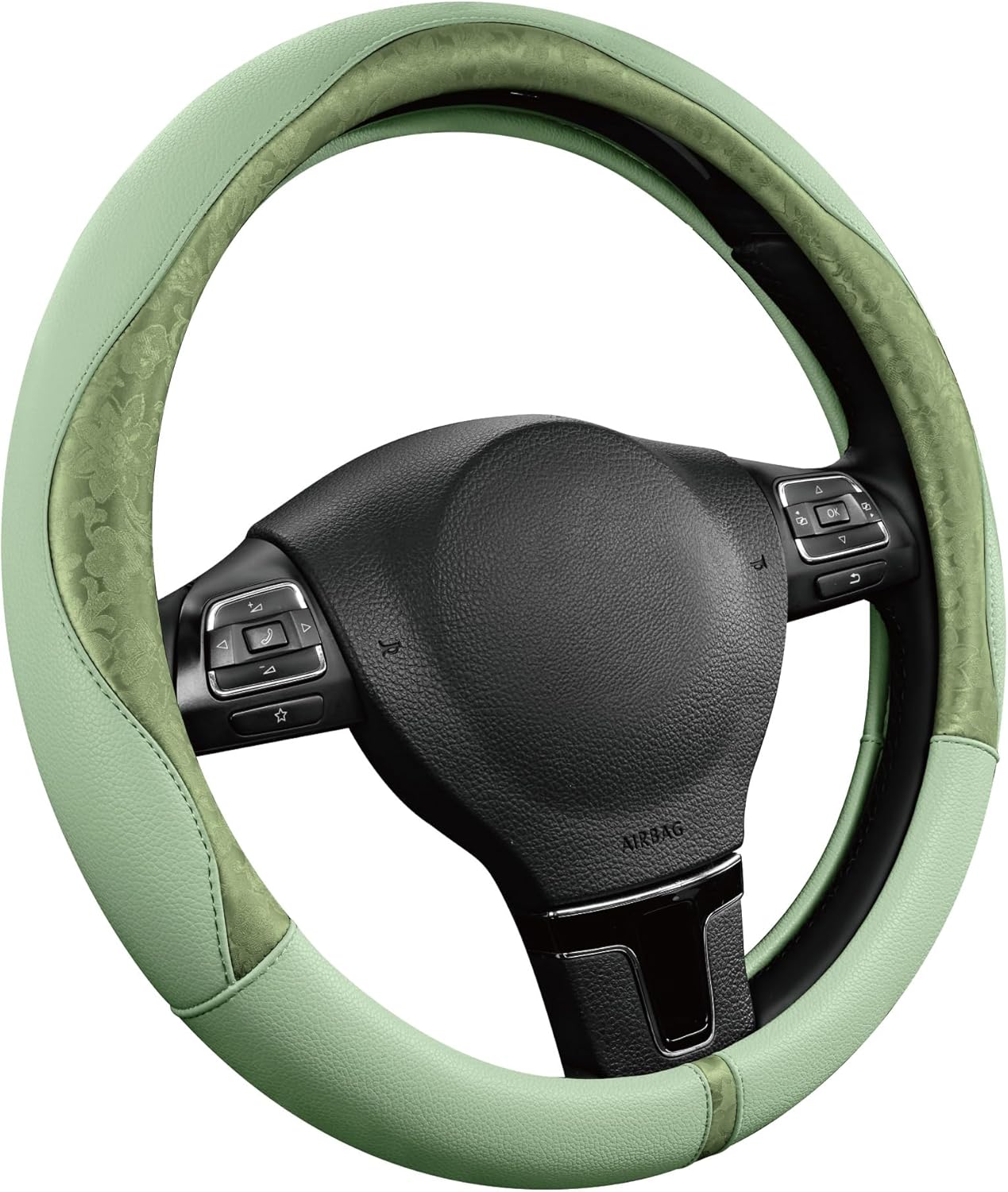 Steering Wheel Cover, Green Patterned Leather Patchwork Design, Universal Fit 14.5"–15.5", Anti-Slip, Odor-Free, Soft