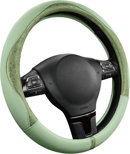 Steering Wheel Cover, Green Patterned Leather Patchwork Design, Universal Fit 14.5"–15.5", Anti-Slip, Odor-Free, Soft