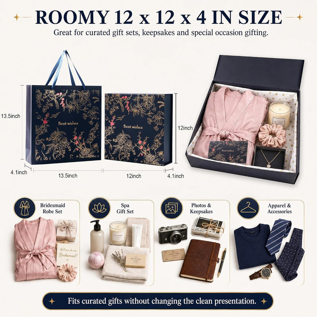 Large Navy Magnetic Gift Box Set, 12 x 12 x 4 Inch, with Gift Bag