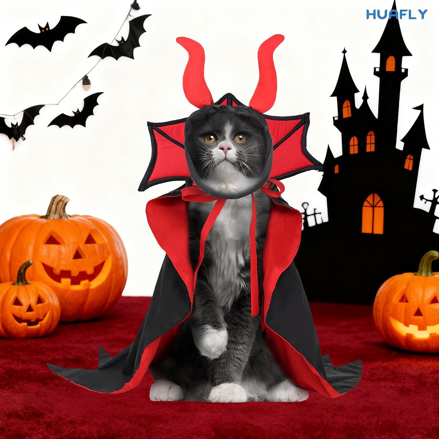 Cat Costume,Dog Halloween Costumes, Adjustable Vampire Costume with Devil Horns, Comfortable Halloween Costumes for