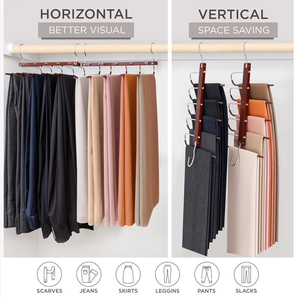 Pants Hangers Space Saving - 2 Pack European Beechwood Scarf and Jean Hangers - Closet Organizer and Space Saver Pant